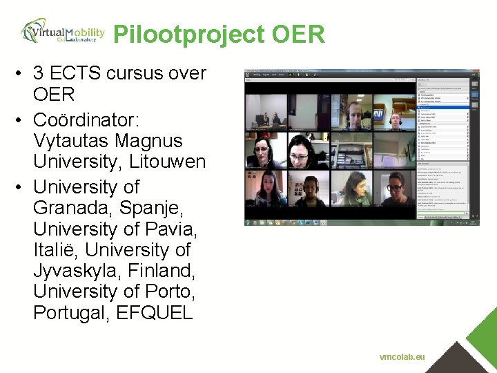 Pilootproject OER • 3 ECTS cursus over OER • Coördinator: Vytautas Magnus University, Litouwen