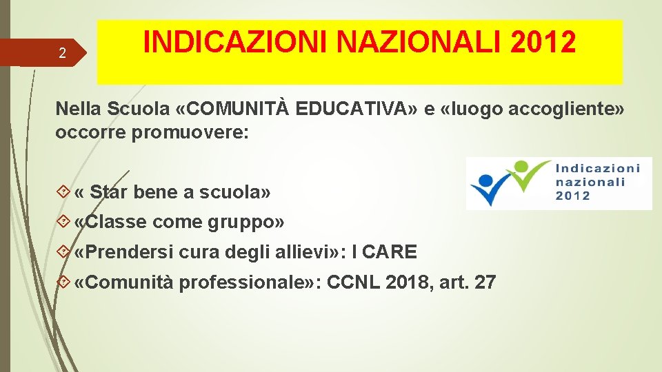2 INDICAZIONI NAZIONALI 2012 Nella Scuola «COMUNITÀ EDUCATIVA» e «luogo accogliente» occorre promuovere: «