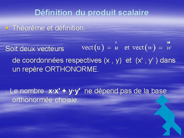 Définition du produit scalaire § Théorème et définition: Soit deux vecteurs de coordonnées respectives