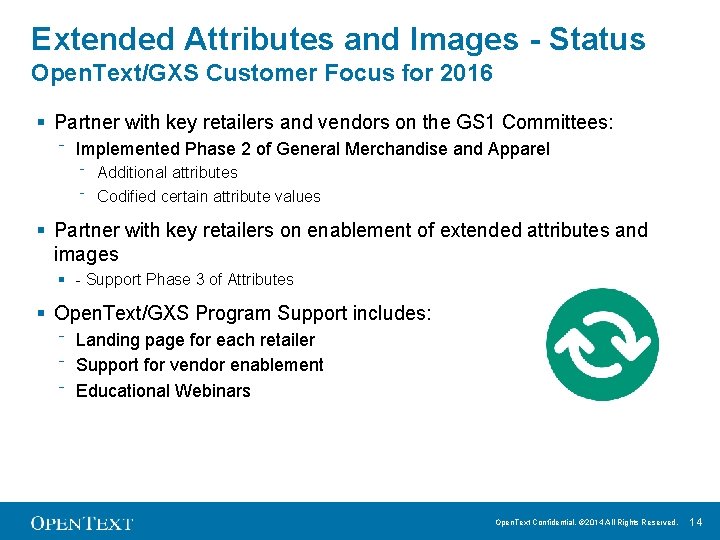 Extended Attributes and Images - Status Open. Text/GXS Customer Focus for 2016 § Partner
