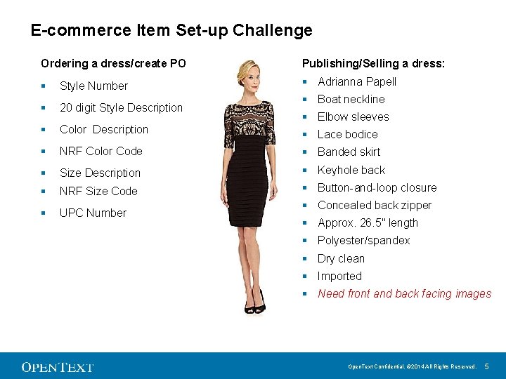 E-commerce Item Set-up Challenge Ordering a dress/create PO Publishing/Selling a dress: § Style Number
