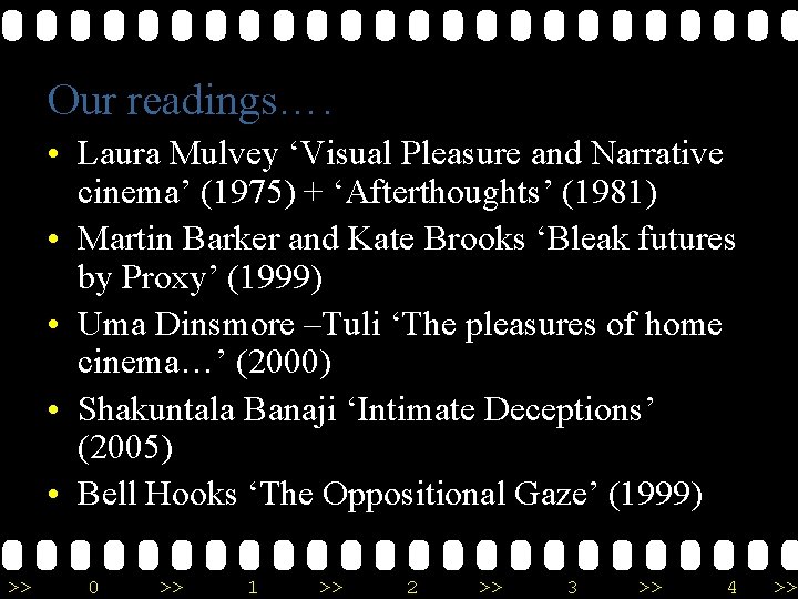Our readings…. • Laura Mulvey ‘Visual Pleasure and Narrative cinema’ (1975) + ‘Afterthoughts’ (1981)