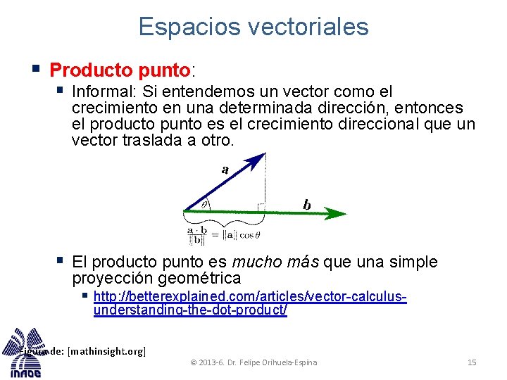 Espacios vectoriales § Producto punto: § Informal: Si entendemos un vector como el crecimiento Espacios vectoriales § Producto punto: § Informal: Si entendemos un vector como el crecimiento
