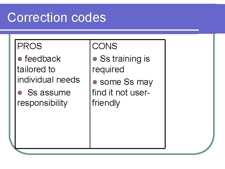 Correction codes PROS l feedback tailored to individual needs l Ss assume responsibility CONS Correction codes PROS l feedback tailored to individual needs l Ss assume responsibility CONS