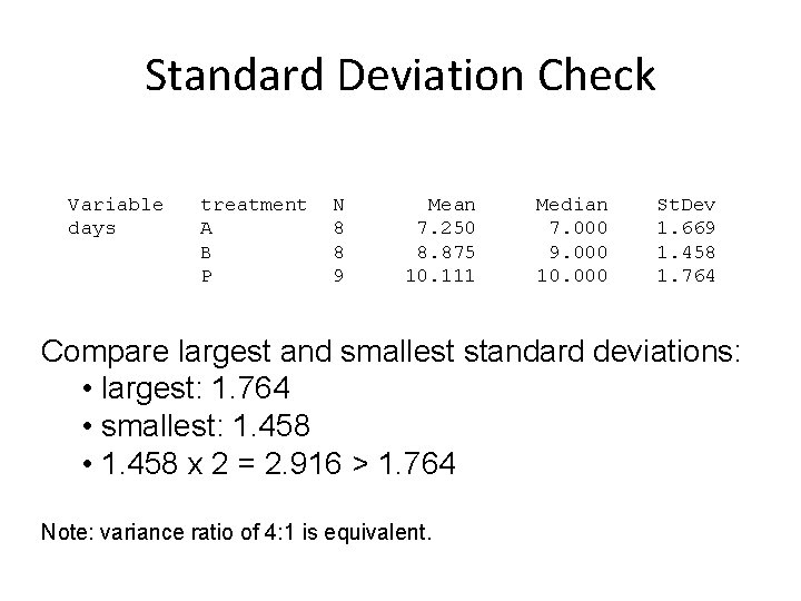 Standard Deviation Check Variable days treatment A B P N 8 8 9 Mean