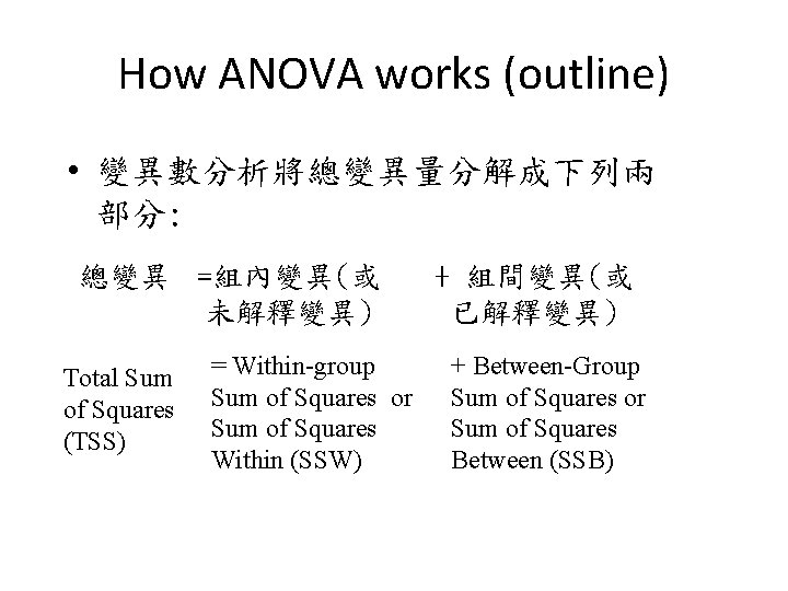 How ANOVA works (outline) • 變異數分析將總變異量分解成下列兩 部分: 總變異 =組內變異(或 未解釋變異) Total Sum of Squares