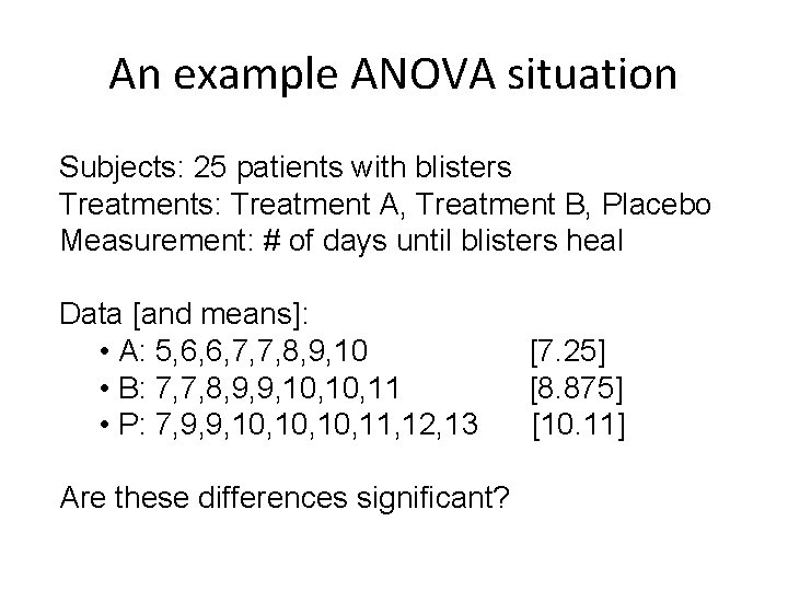 An example ANOVA situation Subjects: 25 patients with blisters Treatments: Treatment A, Treatment B, An example ANOVA situation Subjects: 25 patients with blisters Treatments: Treatment A, Treatment B,