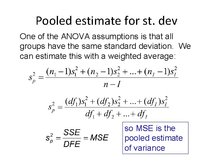Pooled estimate for st. dev One of the ANOVA assumptions is that all groups