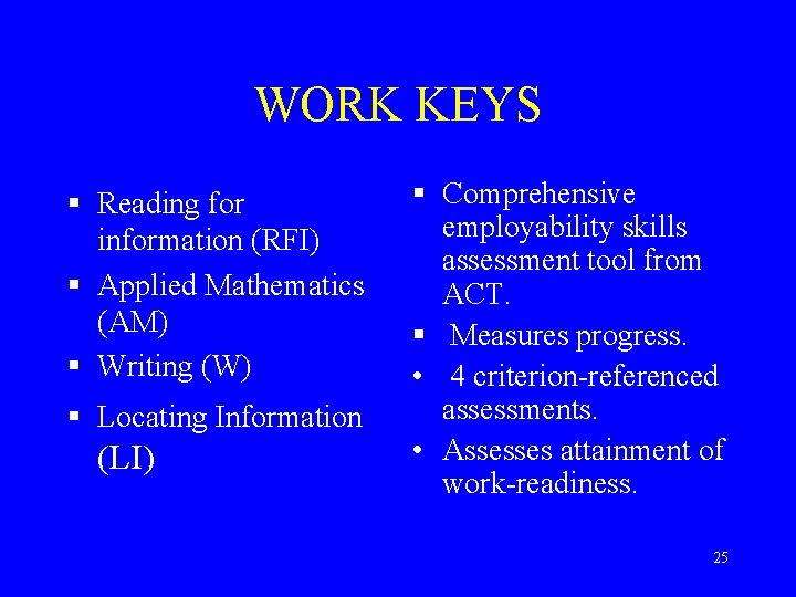 WORK KEYS § Reading for information (RFI) § Applied Mathematics (AM) § Writing (W)