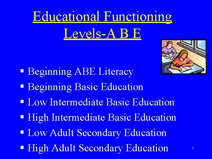 Educational Functioning Levels-A B E § Beginning ABE Literacy § Beginning Basic Education §