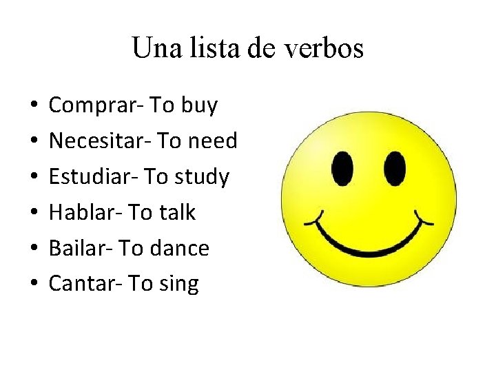 Una lista de verbos • • • Comprar- To buy Necesitar- To need Estudiar-