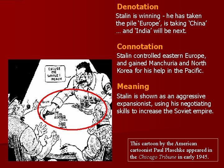 Denotation Stalin is winning - he has taken the pile ‘Europe’, is taking ‘China’