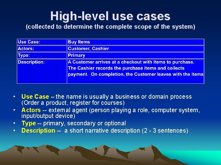 High-level use cases (collected to determine the complete scope of the system) • Use