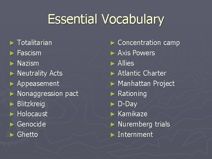 Essential Vocabulary Totalitarian ► Fascism ► Nazism ► Neutrality Acts ► Appeasement ► Nonaggression