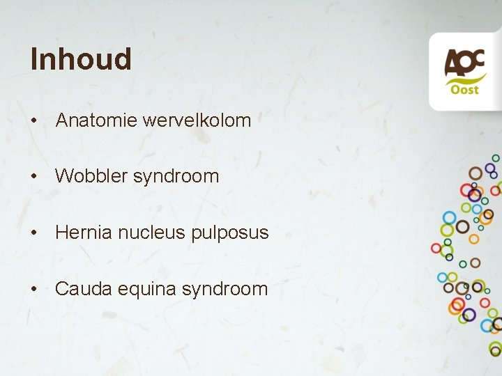 Inhoud • Anatomie wervelkolom • Wobbler syndroom • Hernia nucleus pulposus • Cauda equina