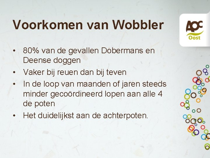 Voorkomen van Wobbler • 80% van de gevallen Dobermans en Deense doggen • Vaker