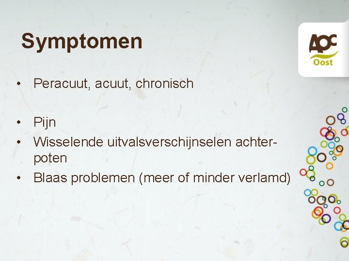 Symptomen • Peracuut, chronisch • Pijn • Wisselende uitvalsverschijnselen achterpoten • Blaas problemen (meer