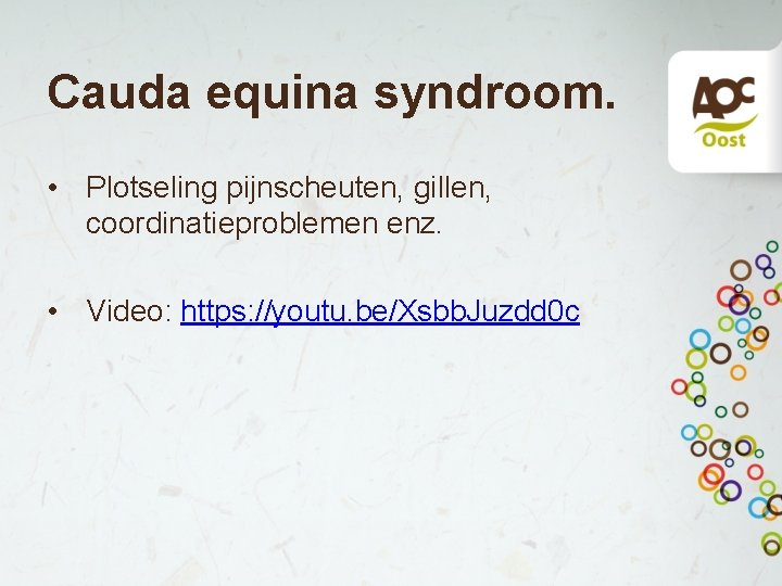 Cauda equina syndroom. • Plotseling pijnscheuten, gillen, coordinatieproblemen enz. • Video: https: //youtu. be/Xsbb.