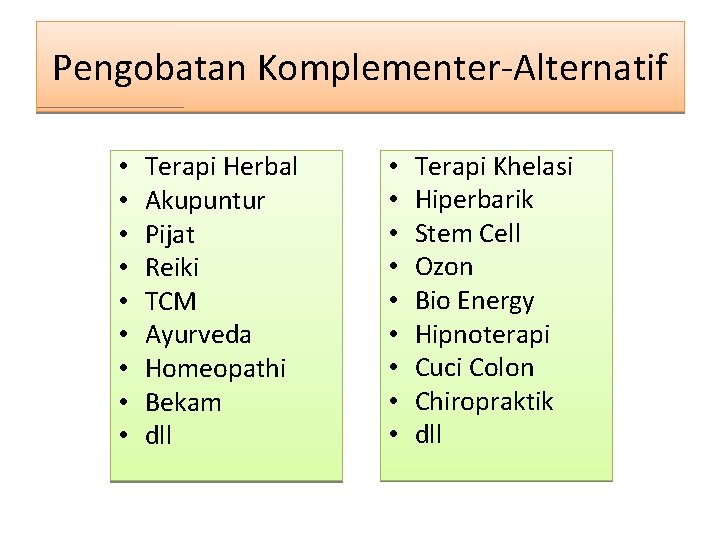 Pengobatan Komplementer-Alternatif • • • Terapi Herbal Akupuntur Pijat Reiki TCM Ayurveda Homeopathi Bekam