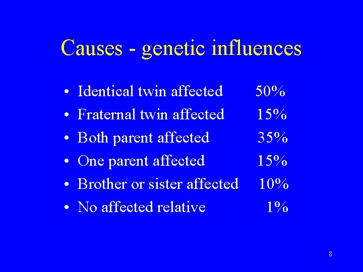 Causes - genetic influences • • • Identical twin affected Fraternal twin affected Both