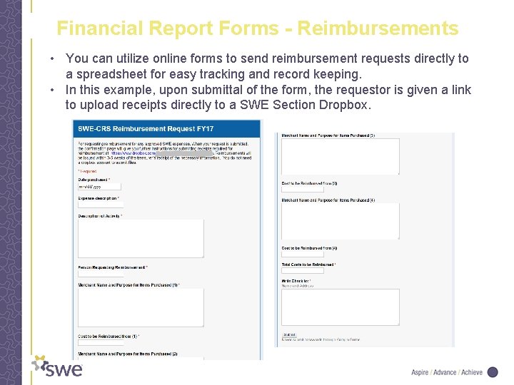 Financial Report Forms - Reimbursements • You can utilize online forms to send reimbursement