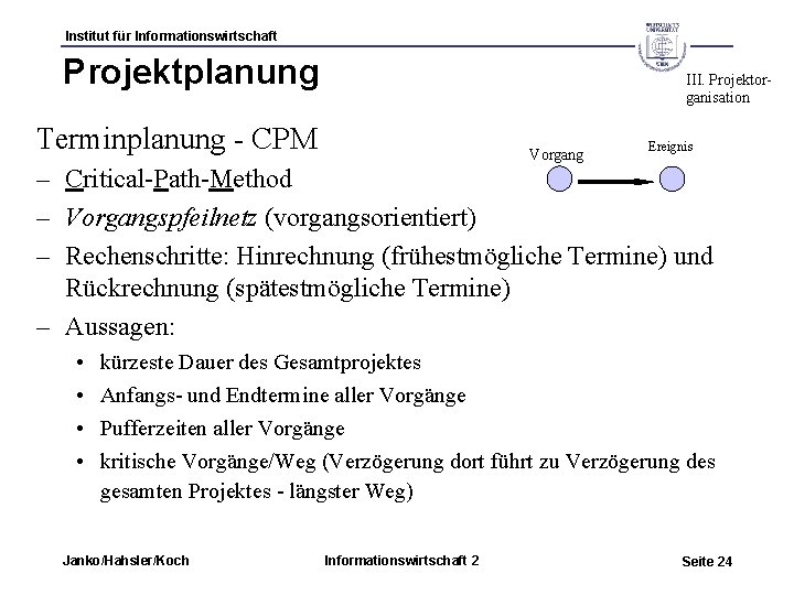 Institut für Informationswirtschaft Projektplanung III. Projektorganisation Terminplanung - CPM Vorgang Ereignis – Critical-Path-Method –