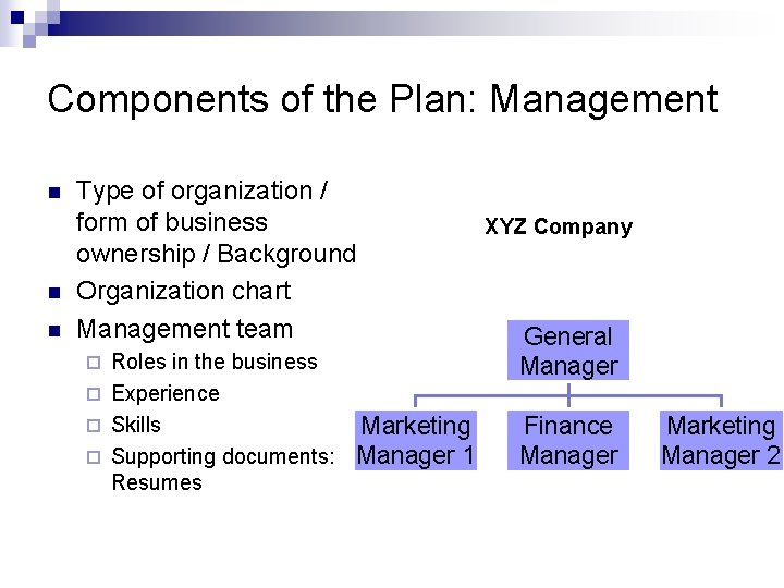 Components of the Plan: Management n n n Type of organization / form of