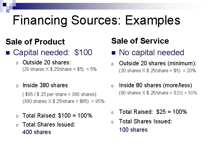 Financing Sources: Examples Sale of Product n Capital needed: $100 o Outside 20 shares: