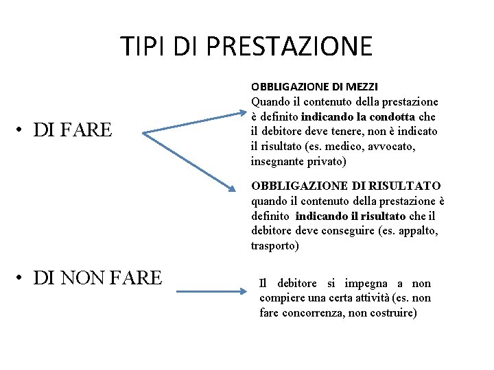 TIPI DI PRESTAZIONE • DI FARE OBBLIGAZIONE DI MEZZI Quando il contenuto della prestazione
