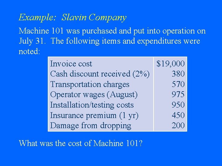 Example: Slavin Company Machine 101 was purchased and put into operation on July 31.