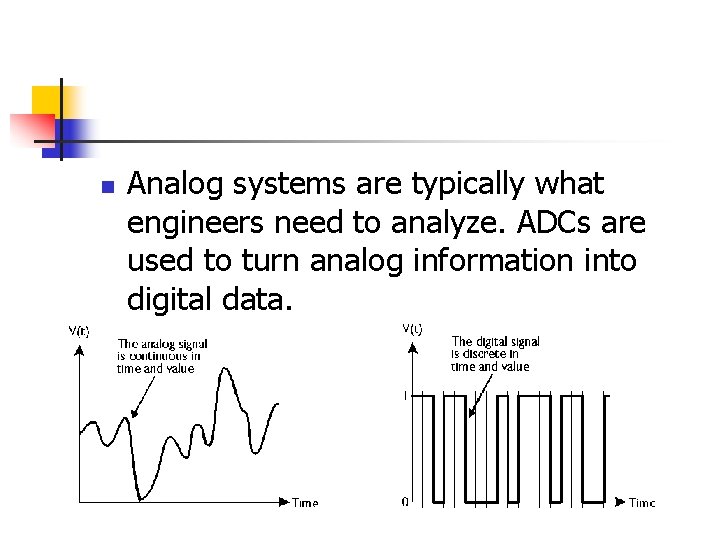 n Analog systems are typically what engineers need to analyze. ADCs are used to