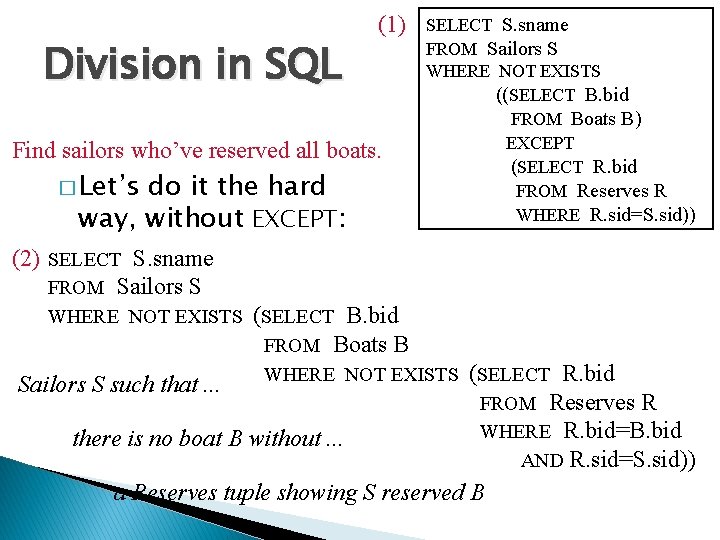 Division in SQL (1) Find sailors who’ve reserved all boats. � Let’s do it