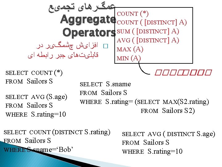  ﻋﻤگﺮﻫﺎی ﺗﺠﻤیﻊ COUNT (*) Aggregate COUNT ( [DISTINCT] A) Operators SUM ( [DISTINCT]