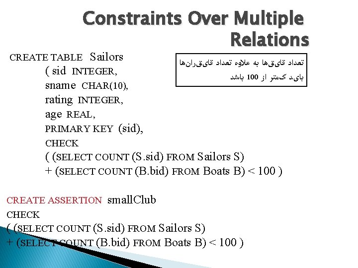 Constraints Over Multiple Relations CREATE TABLE Sailors ﺗﻌﺪﺍﺩ ﻗﺎیﻖﻫﺎ ﺑﻪ ﻋﻼﻭﻩ ﺗﻌﺪﺍﺩ ﻗﺎیﻖﺭﺍﻥﻫﺎ (