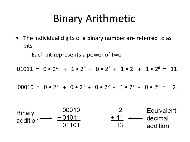 Binary Arithmetic • The individual digits of a binary number are referred to as Binary Arithmetic • The individual digits of a binary number are referred to as