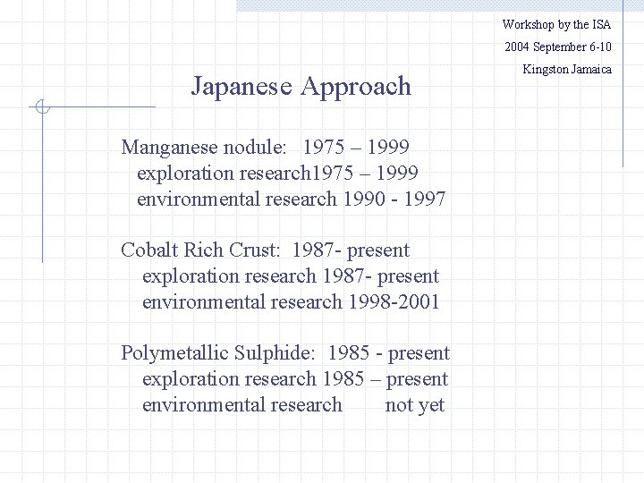 Workshop by the ISA 　　2004 September 6 -10 Japanese Approach Manganese nodule: 　1975 –