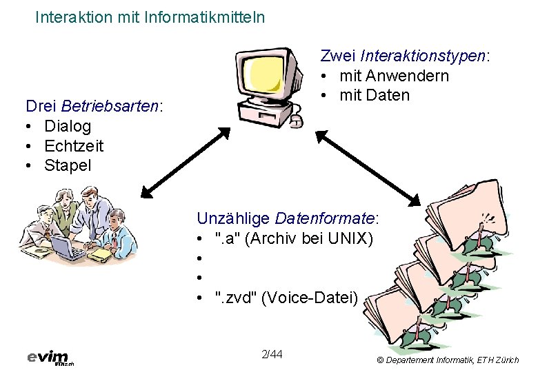 Interaktion mit Informatikmitteln Zwei Interaktionstypen: • mit Anwendern • mit Daten Drei Betriebsarten: •