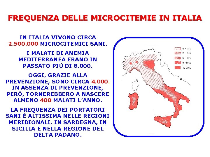 FREQUENZA DELLE MICROCITEMIE IN ITALIA VIVONO CIRCA 2. 500. 000 MICROCITEMICI SANI. I MALATI