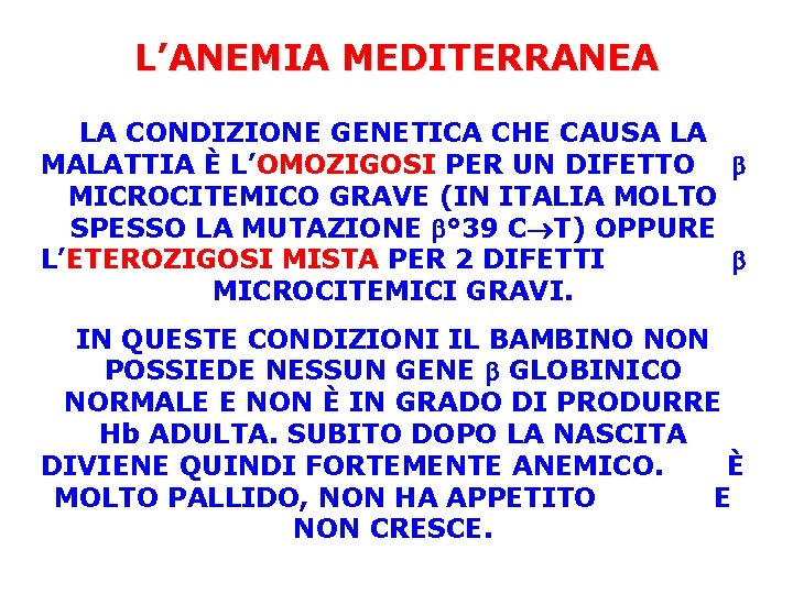 L’ANEMIA MEDITERRANEA LA CONDIZIONE GENETICA CHE CAUSA LA MALATTIA È L’OMOZIGOSI PER UN DIFETTO