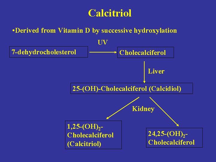 Calcitriol • Derived from Vitamin D by successive hydroxylation UV 7 -dehydrocholesterol Cholecalciferol Liver