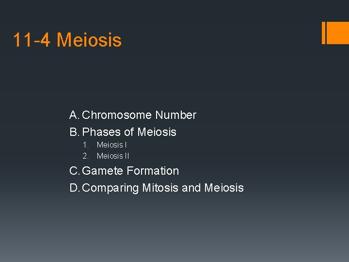 11 -4 Meiosis A. Chromosome Number B. Phases of Meiosis 1. 2. Meiosis II