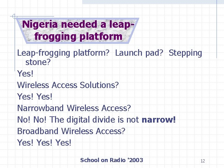 Nigeria needed a leapfrogging platform Leap-frogging platform? Launch pad? Stepping stone? Yes! Wireless Access