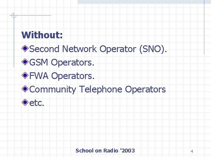 Without: Second Network Operator (SNO). GSM Operators. FWA Operators. Community Telephone Operators etc. School