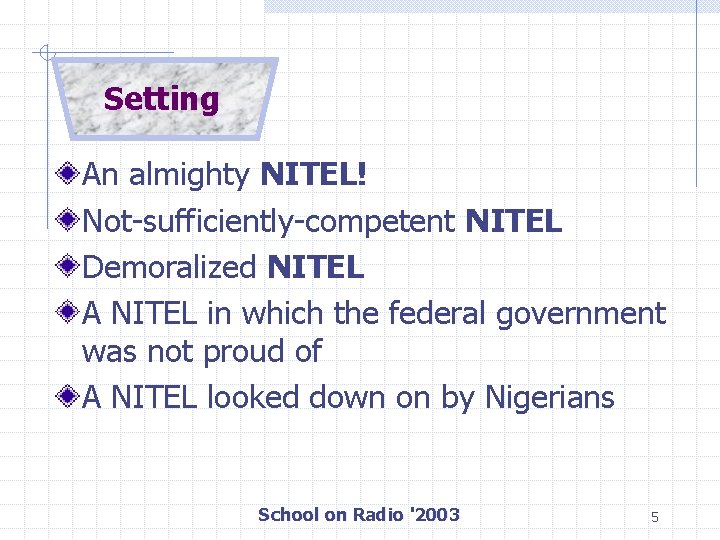 Setting An almighty NITEL! Not-sufficiently-competent NITEL Demoralized NITEL A NITEL in which the federal