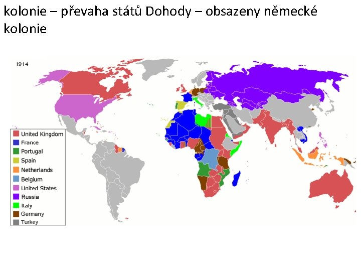 kolonie – převaha států Dohody – obsazeny německé kolonie 