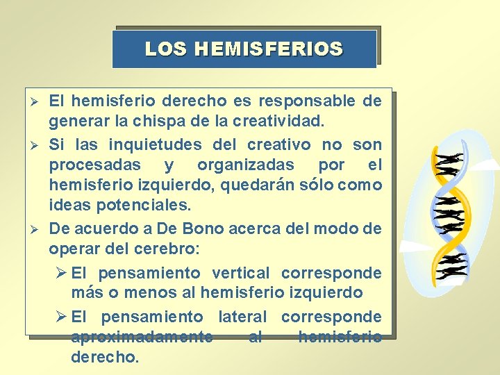 LOS HEMISFERIOS Ø Ø Ø El hemisferio derecho es responsable de generar la chispa