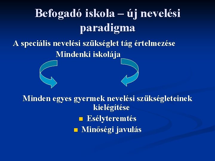 Befogadó iskola – új nevelési paradigma A speciális nevelési szükséglet tág értelmezése Mindenki iskolája