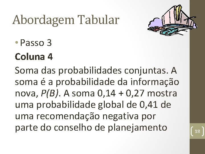 Abordagem Tabular • Passo 3 Coluna 4 Soma das probabilidades conjuntas. A soma é