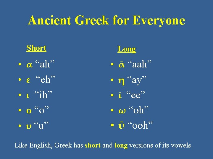 Ancient Greek for Everyone Short Long • α “ah” • ᾱ “aah” • ε