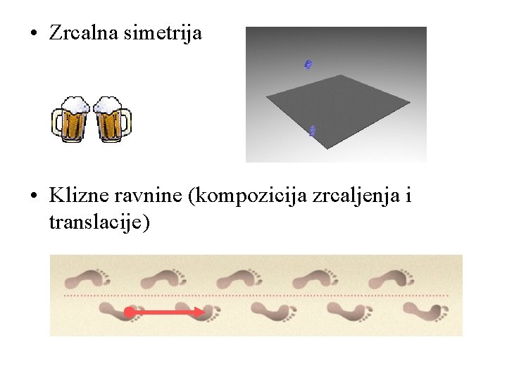  • Zrcalna simetrija • Klizne ravnine (kompozicija zrcaljenja i translacije) 